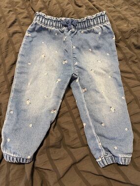 Light Blue Floral Denim-Style Joggers for Kids